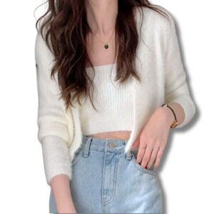 Sweet Kizz Junior's Cropped White Fuzzy Cardigan Long sleeve